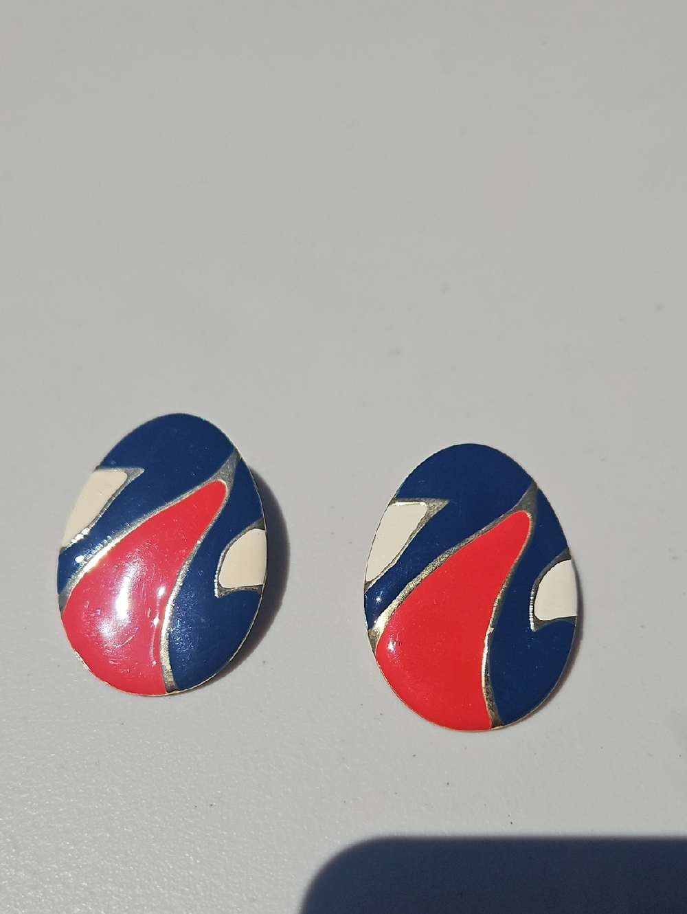 Retro Enamel Oval Clip-On Earrings in Navy, Red & Cream